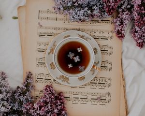 Preview wallpaper cup, tea, lilacs, flowers, notes