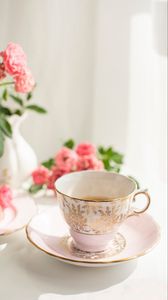 Preview wallpaper cup, tea, plate, flowers