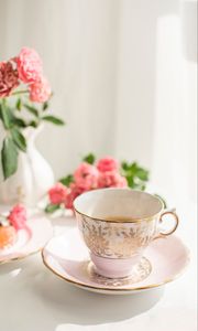 Preview wallpaper cup, tea, plate, flowers