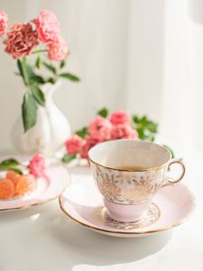 Preview wallpaper cup, tea, plate, flowers