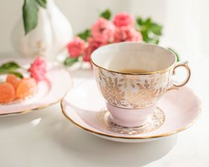 Preview wallpaper cup, tea, plate, flowers