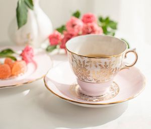 Preview wallpaper cup, tea, plate, flowers