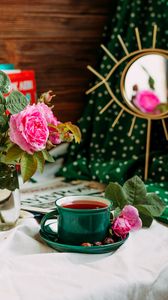 Preview wallpaper cup, tea, roses, flowers, still life