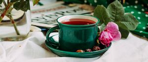 Preview wallpaper cup, tea, roses, flowers, still life