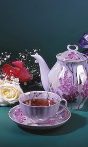 Preview wallpaper cup, teapot, box, ribbon, flowers