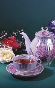 Preview wallpaper cup, teapot, box, ribbon, flowers