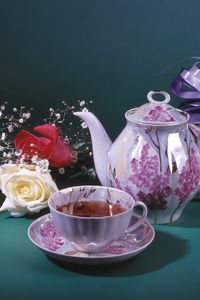 Preview wallpaper cup, teapot, box, ribbon, flowers