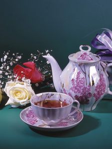 Preview wallpaper cup, teapot, box, ribbon, flowers