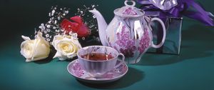 Preview wallpaper cup, teapot, box, ribbon, flowers