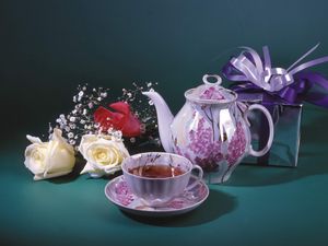 Preview wallpaper cup, teapot, box, ribbon, flowers