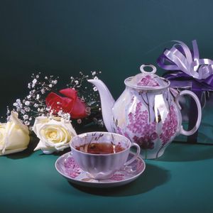 Preview wallpaper cup, teapot, box, ribbon, flowers