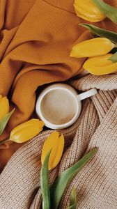 Preview wallpaper cup, tulips, flowers, yellow, drink
