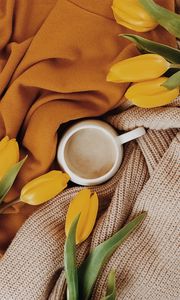 Preview wallpaper cup, tulips, flowers, yellow, drink