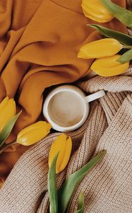 Preview wallpaper cup, tulips, flowers, yellow, drink