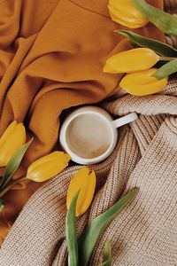 Preview wallpaper cup, tulips, flowers, yellow, drink