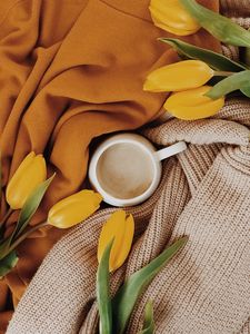 Preview wallpaper cup, tulips, flowers, yellow, drink