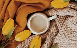 Preview wallpaper cup, tulips, flowers, yellow, drink