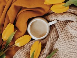 Preview wallpaper cup, tulips, flowers, yellow, drink