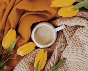 Preview wallpaper cup, tulips, flowers, yellow, drink