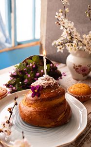 Preview wallpaper cupcake, candle, flowers, dessert