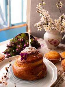 Preview wallpaper cupcake, candle, flowers, dessert