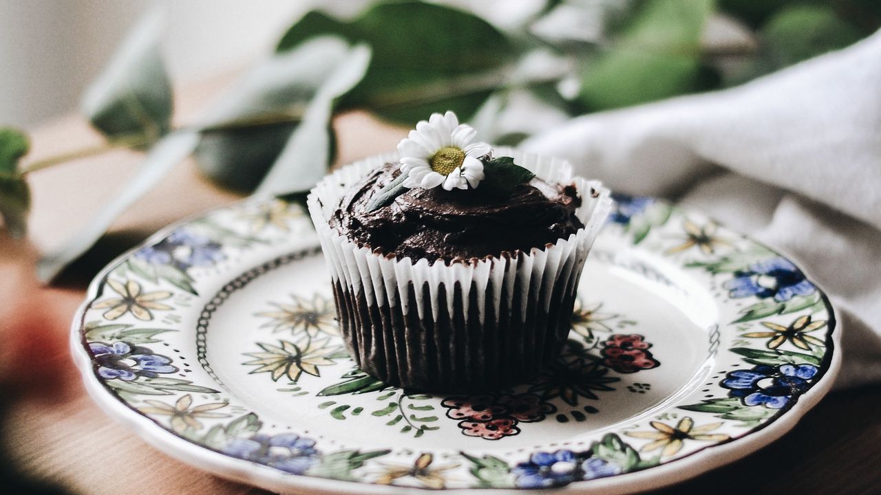 Wallpaper cupcake, muffin, pastries, chocolate, chamomile, flower, plate