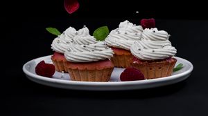 Preview wallpaper cupcakes, muffins, cream, dessert, berries, plate