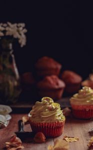 Preview wallpaper cupcakes, muffins, cream, dessert, petals, still life