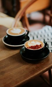 Preview wallpaper cups, cappuccino, table, wooden