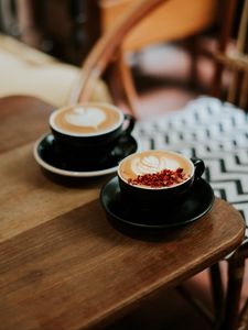 Preview wallpaper cups, cappuccino, table, wooden