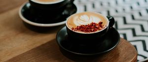 Preview wallpaper cups, cappuccino, table, wooden