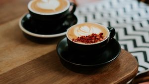 Preview wallpaper cups, cappuccino, table, wooden