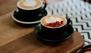 Preview wallpaper cups, cappuccino, table, wooden