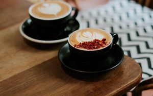 Preview wallpaper cups, cappuccino, table, wooden