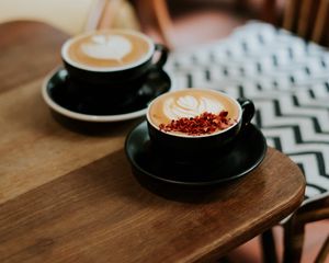 Preview wallpaper cups, cappuccino, table, wooden