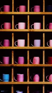 Preview wallpaper cups, shelves, dishes, colorful, wooden