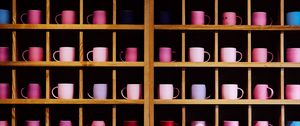 Preview wallpaper cups, shelves, dishes, colorful, wooden