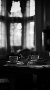 Preview wallpaper cups, table, blur, black and white, dark