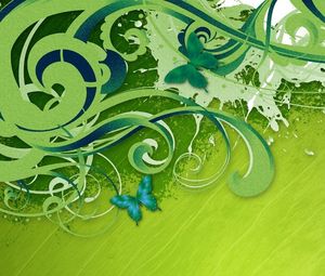 Preview wallpaper curls, green background, paint, stripes, butterflies