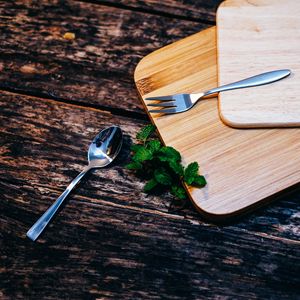 Preview wallpaper cutting board, fork, mint, spoon