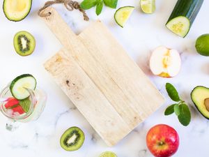 Preview wallpaper cutting board, kiwi, cucumbers, fruits, vegetables