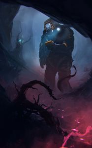 Preview wallpaper cyborg, cave, dark, art, sci-fi