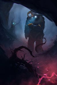 Preview wallpaper cyborg, cave, dark, art, sci-fi