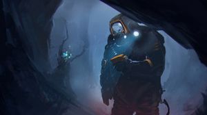 Preview wallpaper cyborg, cave, dark, art, sci-fi