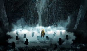 Preview wallpaper cyborg, cave, stones, rocks, fog, art