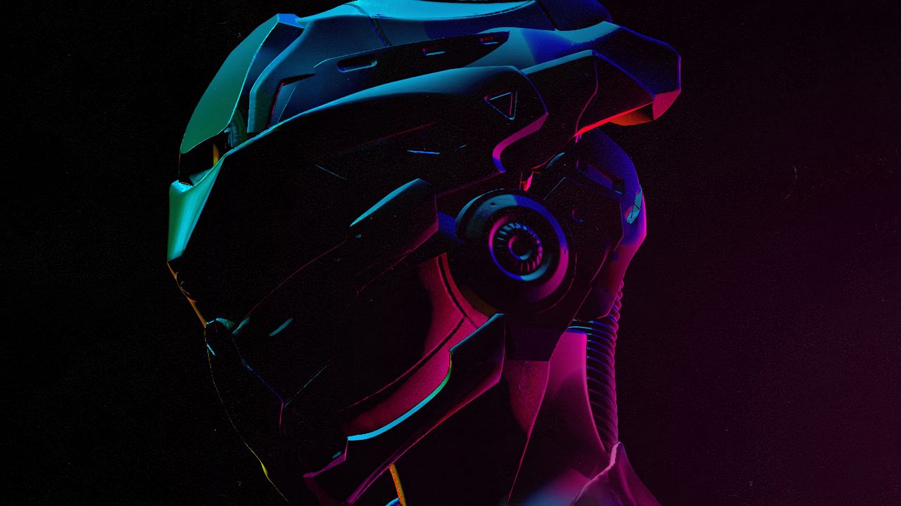 Wallpaper cyborg, helmet, future, colorful, dark