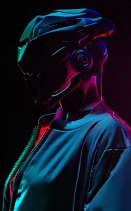 Preview wallpaper cyborg, helmet, future, colorful, dark
