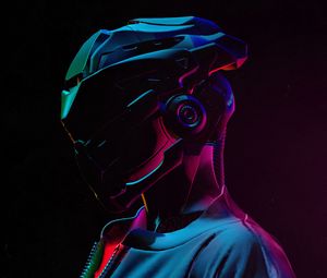 Preview wallpaper cyborg, helmet, future, colorful, dark