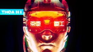 Preview wallpaper cyborg, hieroglyphs, glasses, art