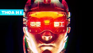 Preview wallpaper cyborg, hieroglyphs, glasses, art